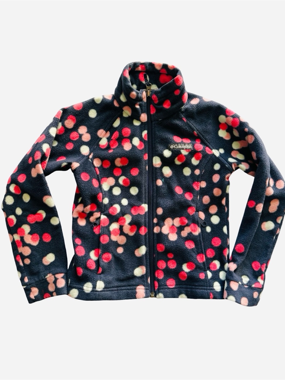 Columbia Navy Puffer-Style Fleece Jacket with Pink & Cream Polka Dots